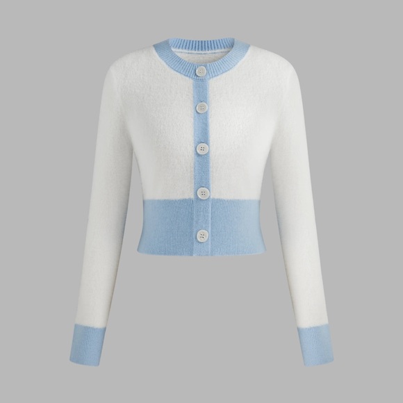 Women's White and Blue Button-Up Sweater - Picture 1 of 5